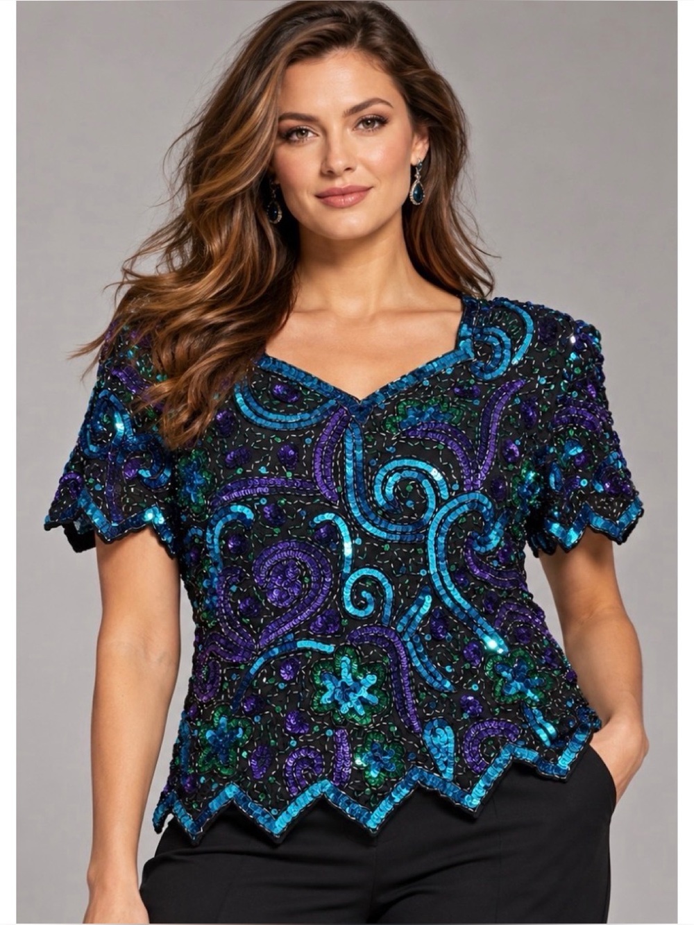 Vtg Laurence Kazar Silk Beaded Sequin Blouse Sz L Purple Green Peacock Top